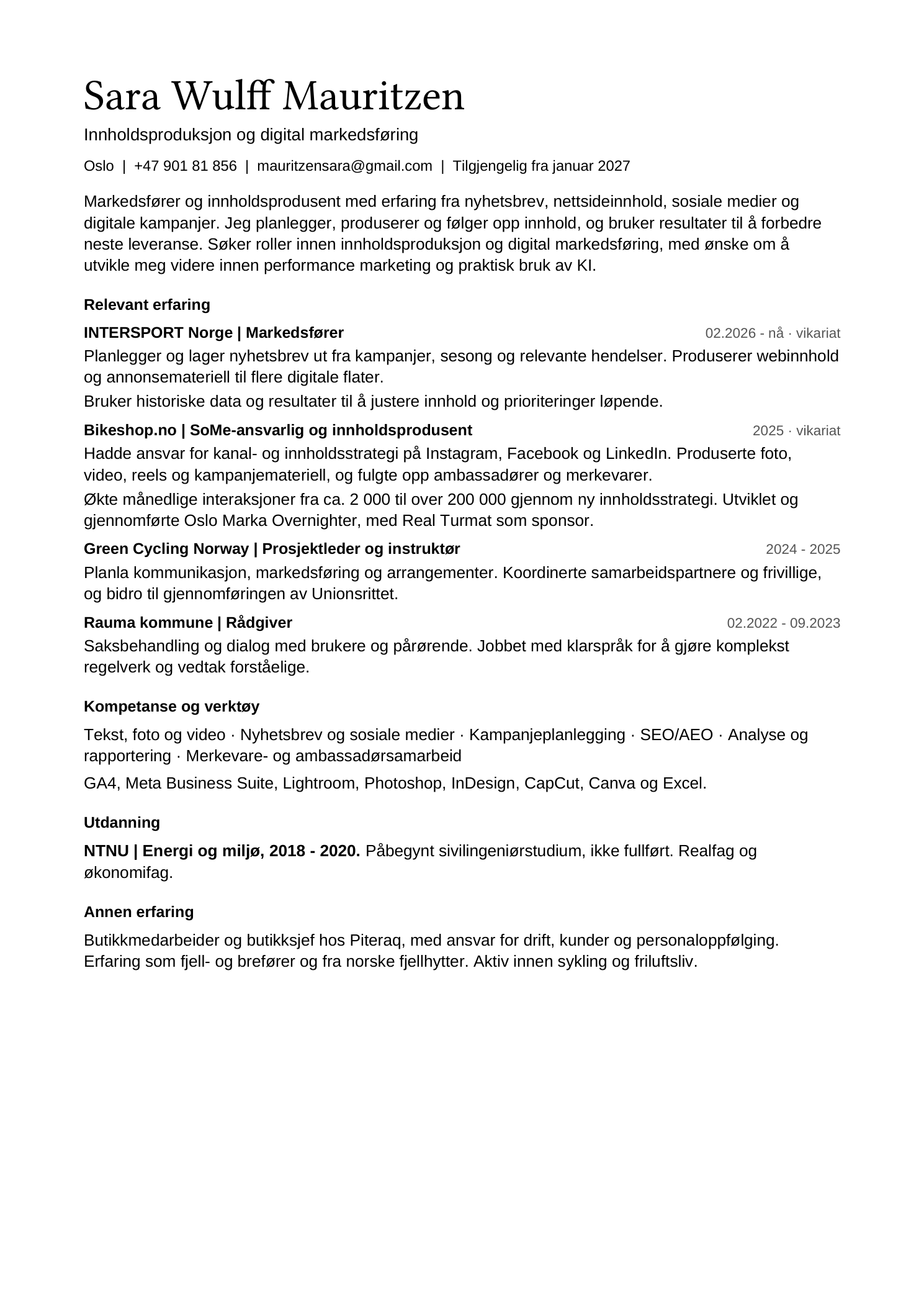CV for Sara Wulff Mauritzen. Full tekst følger for skjermlesere.